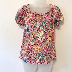 Chaps Size M Pink Multicolor Floral Print Short Sleeve Peasant Top